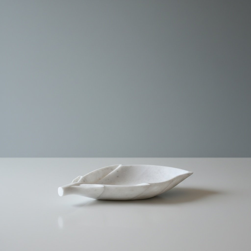 Handcarved Makrana White Marble Deep Leaf Bowl with Veins