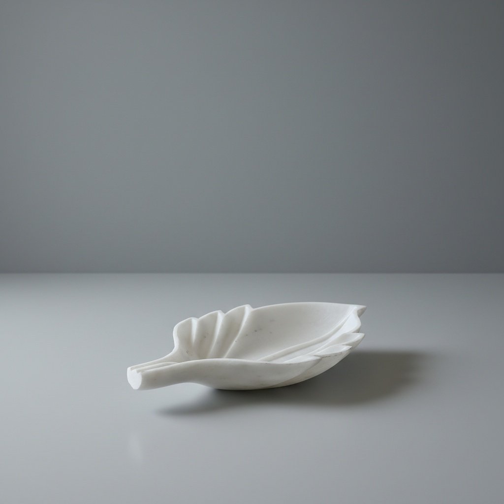 Makrana White Marble Deep Leaf Bowl with Carved Veins (V2)