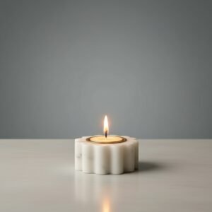 Handcrafted White Marble Scalloped Floral Candle Holder with Gold Rim