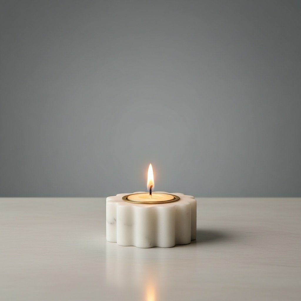 Handcrafted White Marble Scalloped Floral Candle Holder with Gold Rim