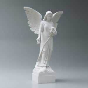 Hand-Carved White Marble Angel Holding Flower Sculpture with Graceful Detailing