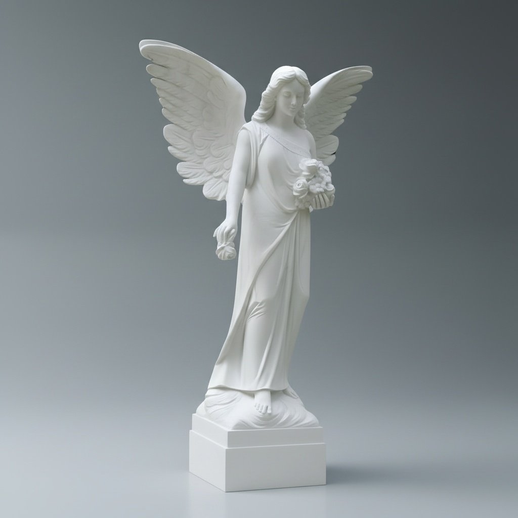 Hand-Carved White Marble Angel Holding Flower Sculpture with Graceful Detailing