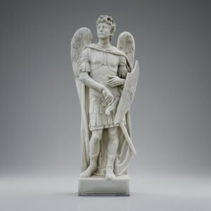 Majestic White Marble Warrior Angel Statue, Hand-Carved with Detailed Armor
