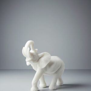 Hand-Carved White Marble Elephant Statue with Raised Trunk for Good Luck & Strength