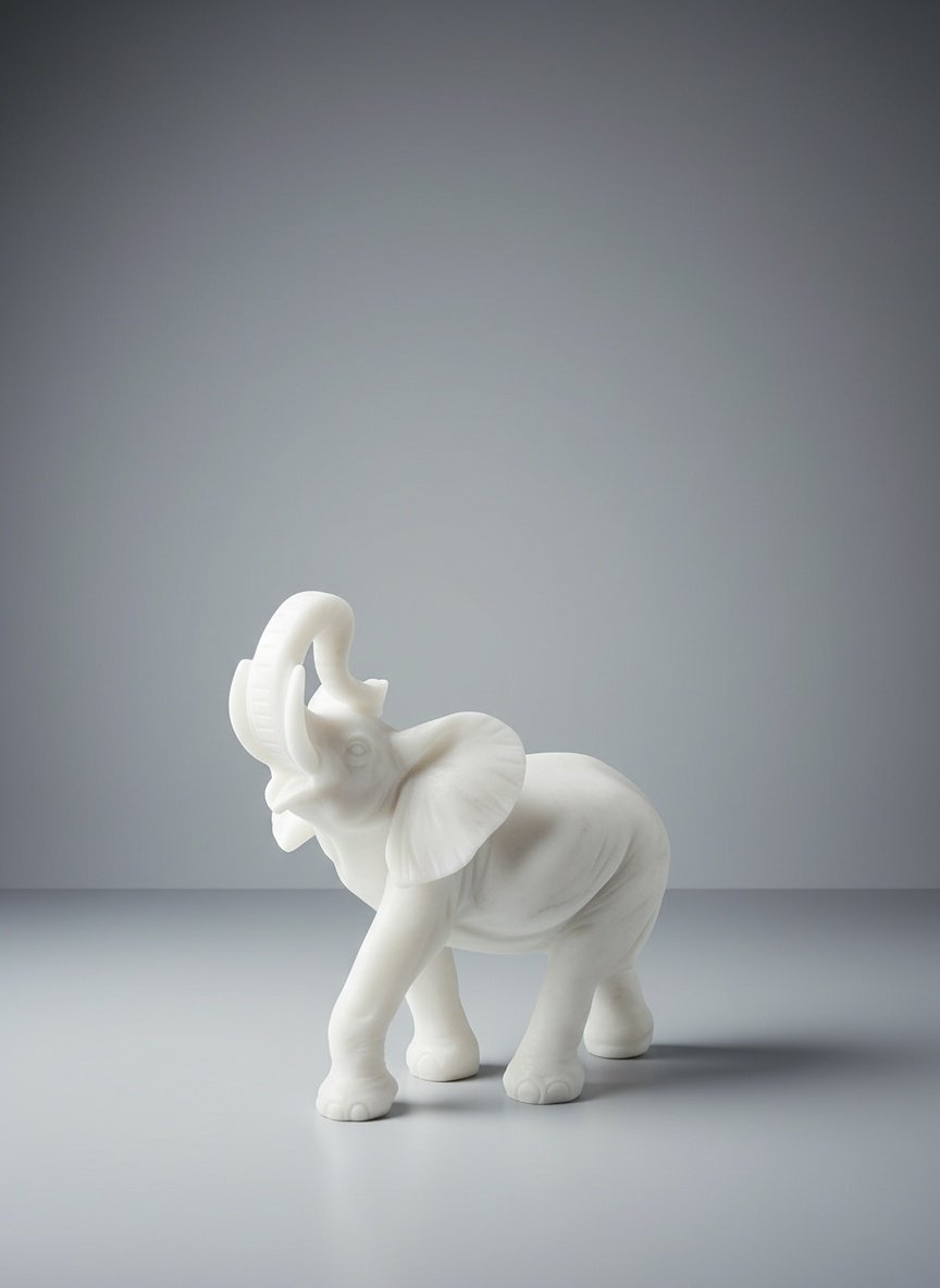 Hand-Carved White Marble Elephant Statue with Raised Trunk for Good Luck & Strength