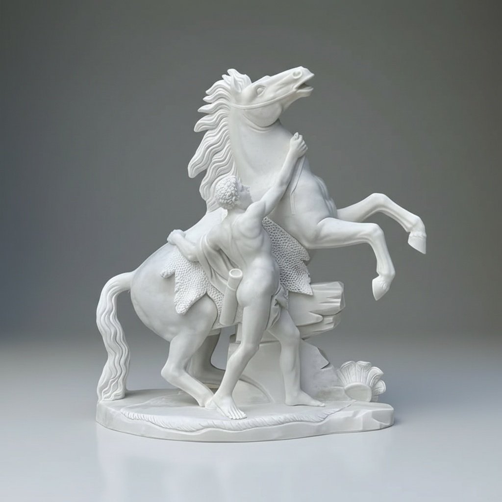 Dynamic Carved Marble Horse Tamer Sculpture – Man Taming Powerful Stallion