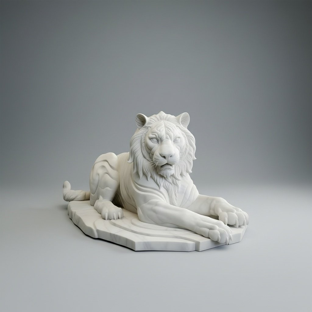 Regal Guardian Hand-Carved White Marble Lion Sculpture