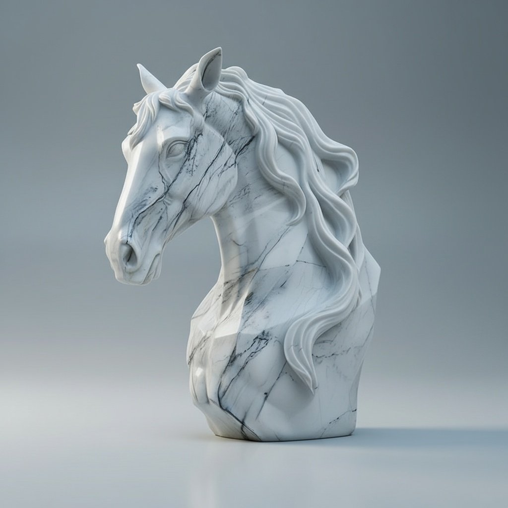 Elegant Hand-Carved Marble Horse Head Sculpture with Natural Veining