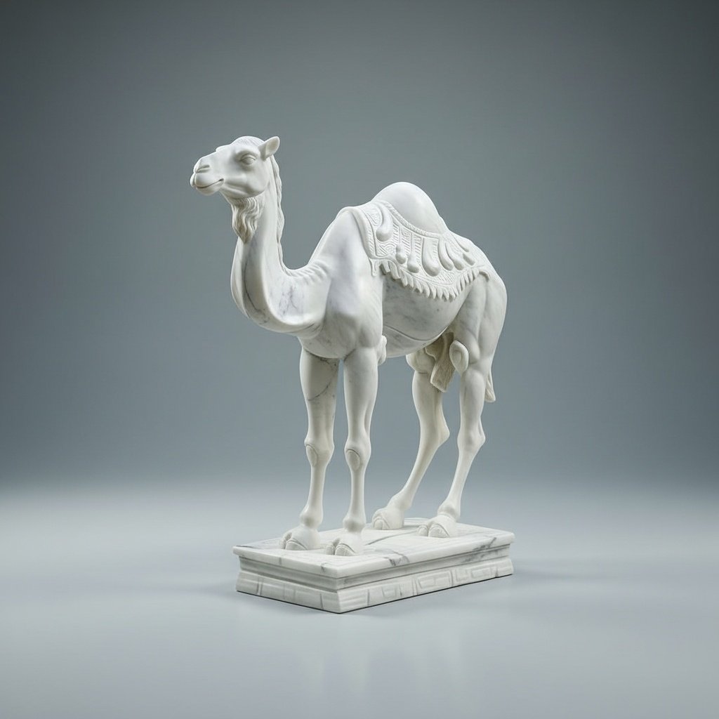 Majestic Hand-Carved White Marble Camel Statue with Intricate Artistic Carvings