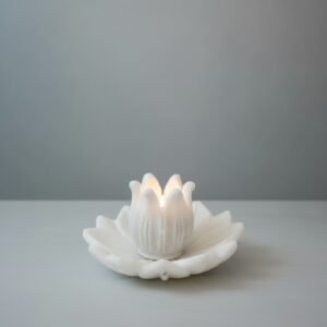 Hand-Carved White Marble Blooming Lotus Candle Holder