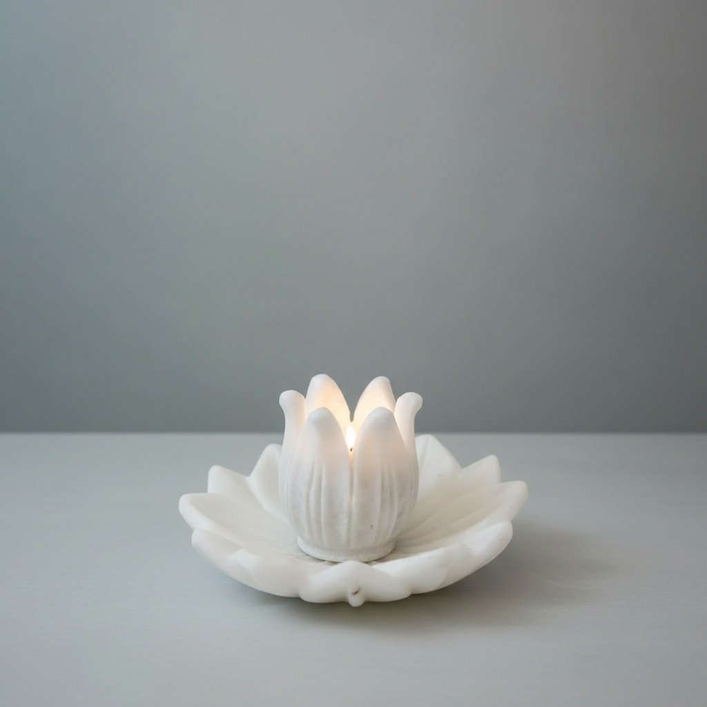 Hand-Carved White Marble Blooming Lotus Candle Holder