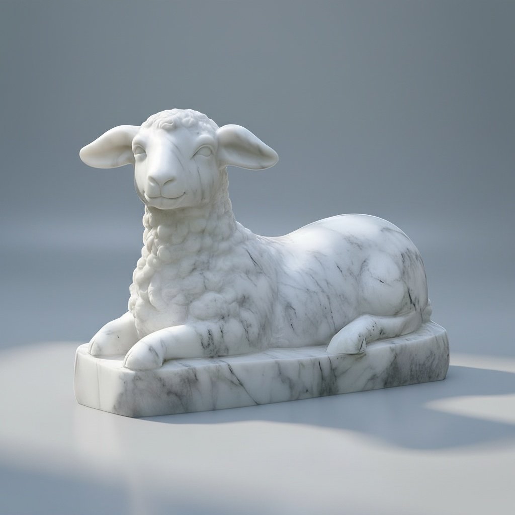 Hand-Carved White Marble Sheep Sculpture - Smooth Finish, Delicate Detailing