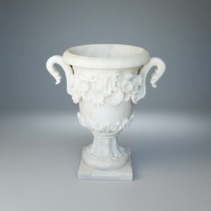Makrana White Marble Hand-Carved Planter & Plant Stand