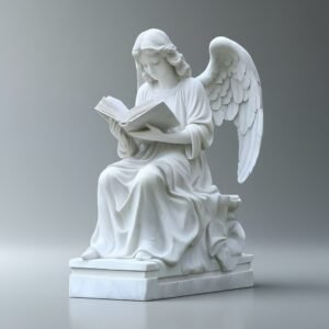 Hand-Carved White Marble Angel Reading a Book Statue