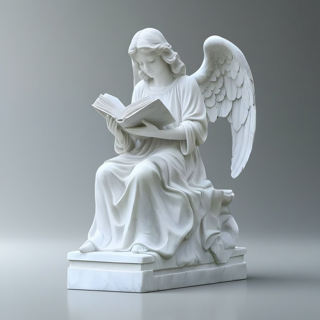 Hand-Carved White Marble Angel Reading a Book Statue