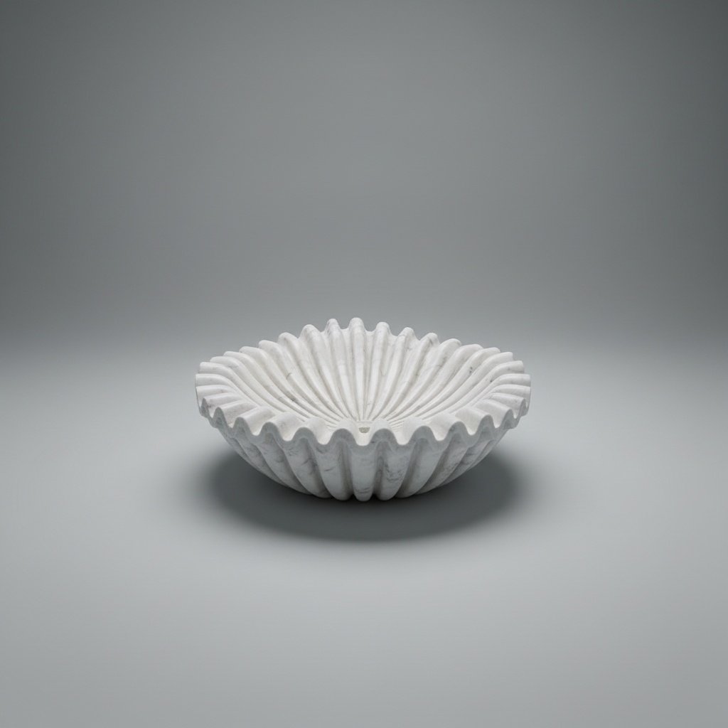 Lotus Petal Hand-Carved Fluted Marble Vessel Sink
