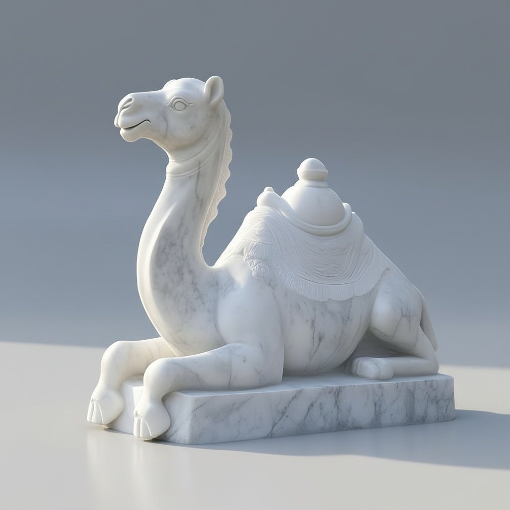 Elegant Handcrafted White Marble Camel Sculpture with Intricate Detailing