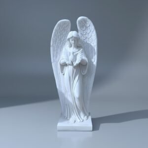 Serene Guardian Hand-Carved White Marble Angel Statue with Folded Wings