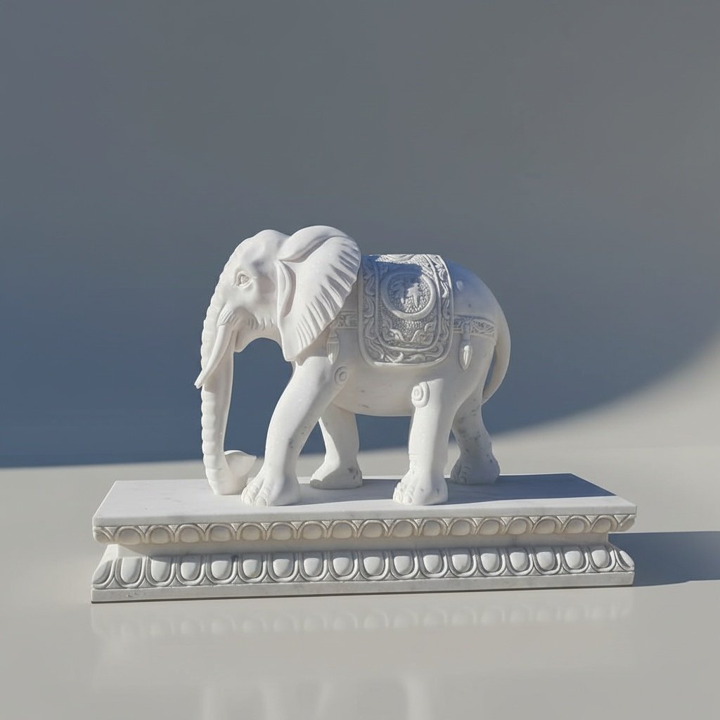 Royal White Marble Elephant Sculpture – Handcarved with Intricate Detailing