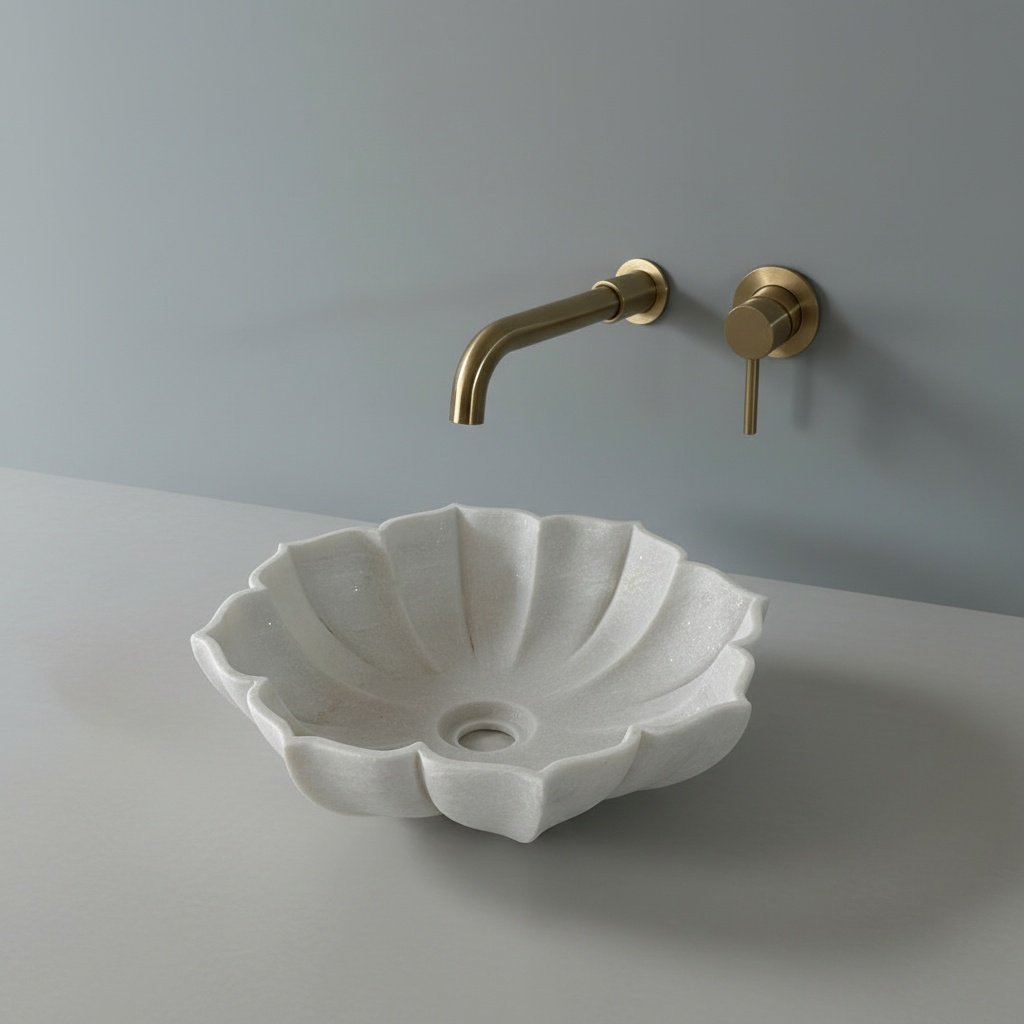 Petal-Shaped Hand-Carved Marble Vessel Sink