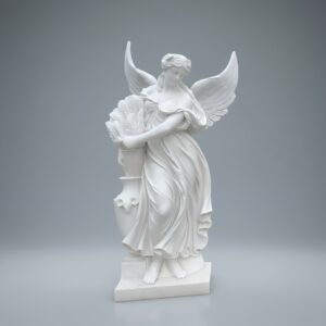 Celestial Grace White Marble Angel Statue with Flowing Drapery & Detailed Wings