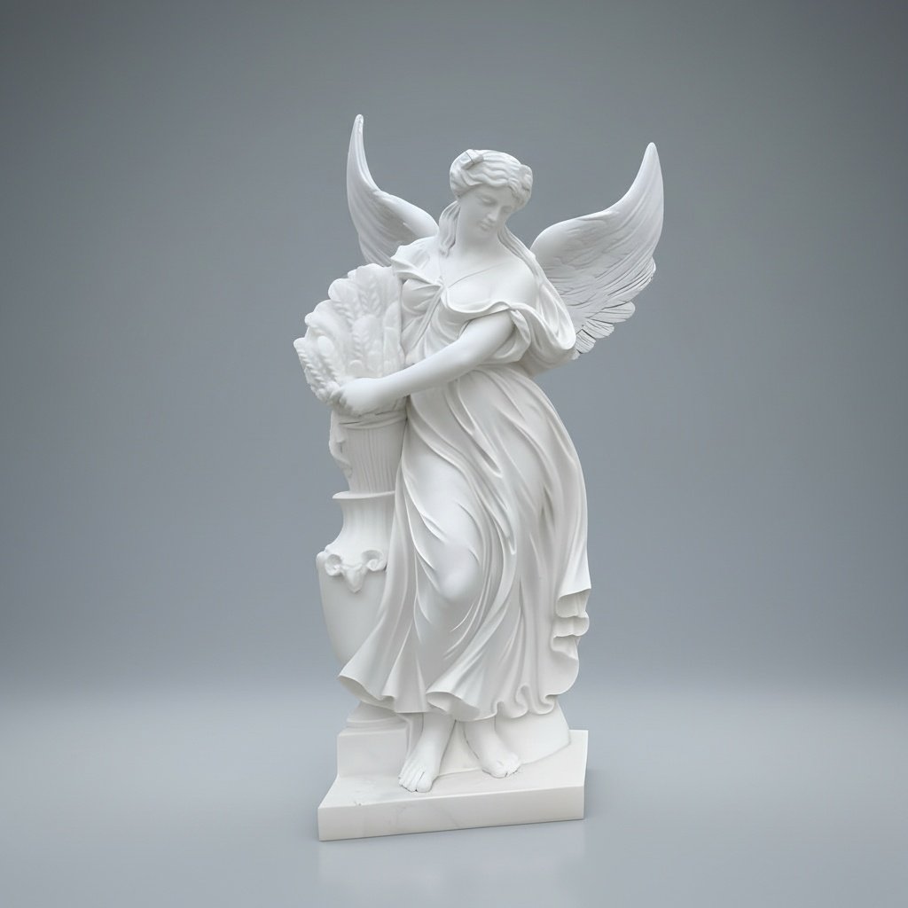 Celestial Grace White Marble Angel Statue with Flowing Drapery & Detailed Wings