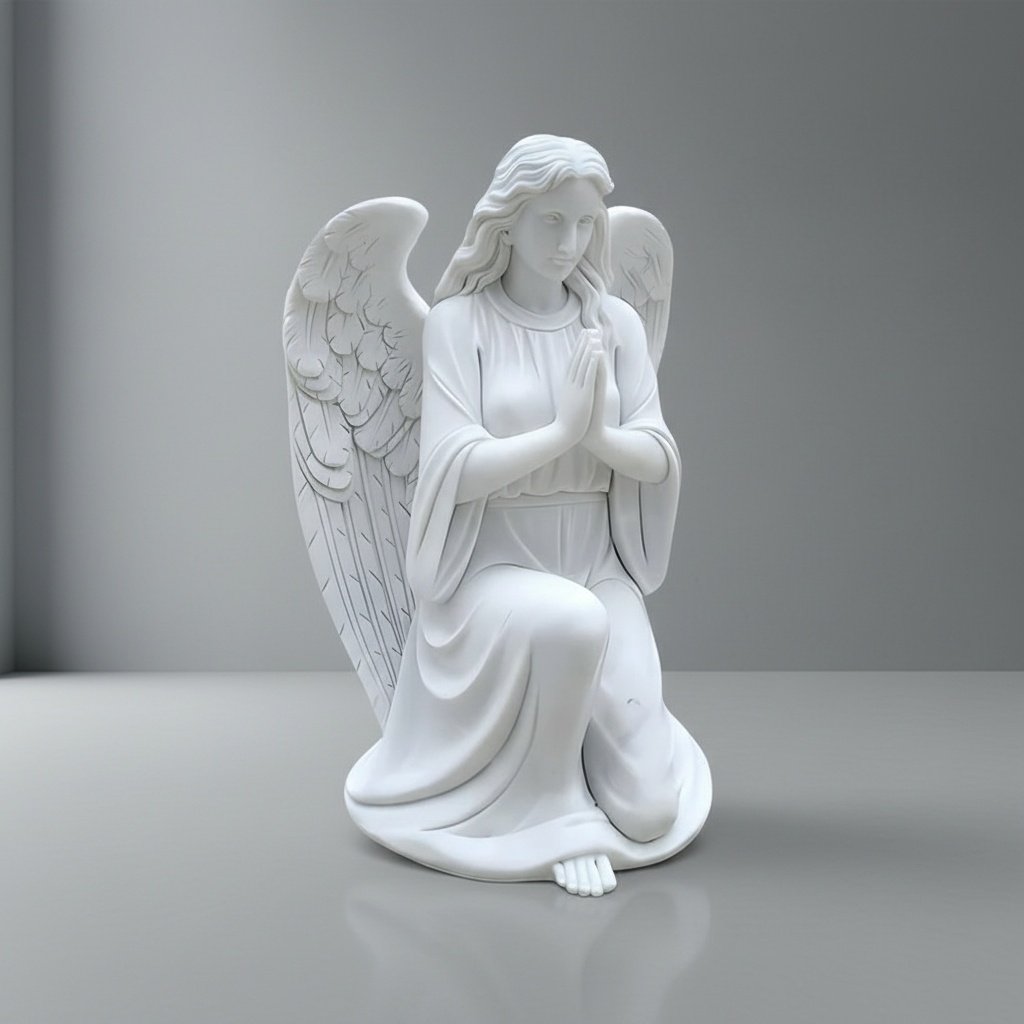 Hand-Carved White Marble Praying Angel Figurine with Detailed Wings