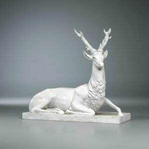 Hand-Carved Marble Resting Deer Sculpture with Intricate Antlers