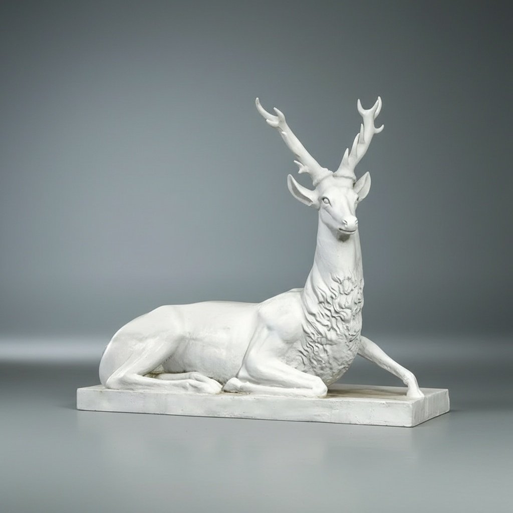 Hand-Carved Marble Resting Deer Sculpture with Intricate Antlers