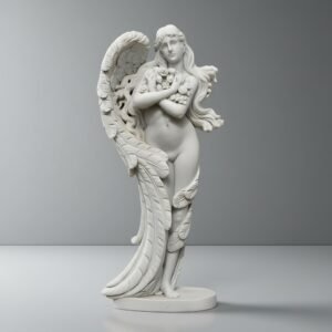 Hand-Carved White Marble Angel Statue with Flowing Wings