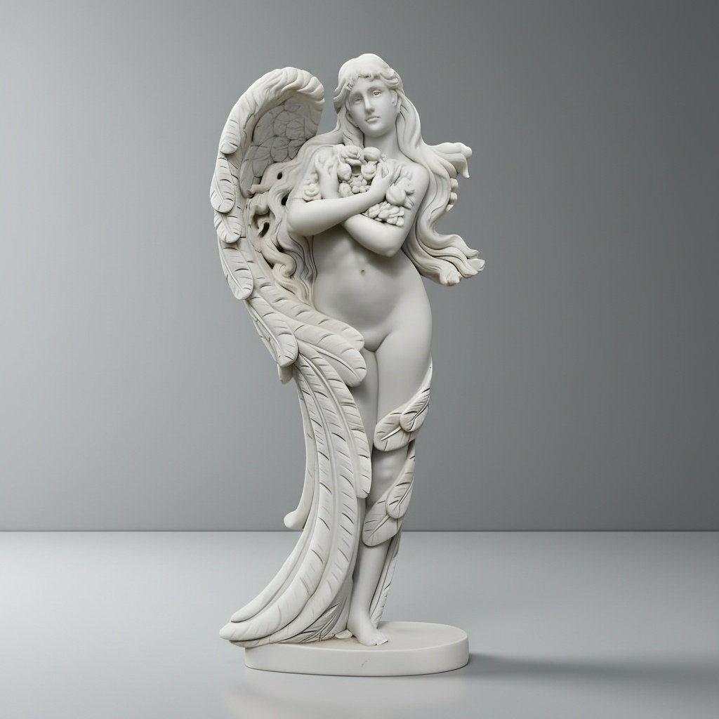 Hand-Carved White Marble Angel Statue with Flowing Wings