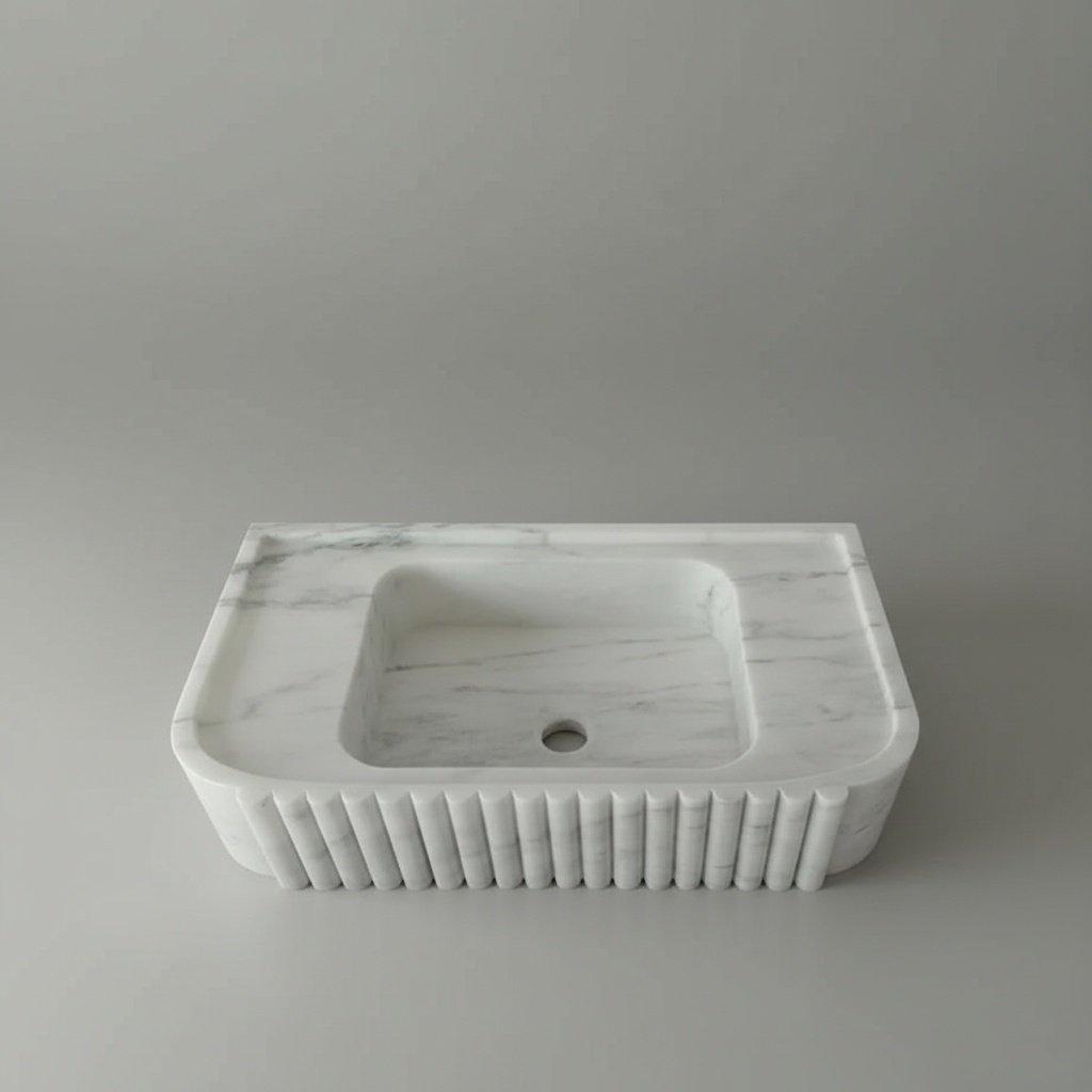 Carrara White Marble Fluted Floating Wall-Mount Vanity Sink