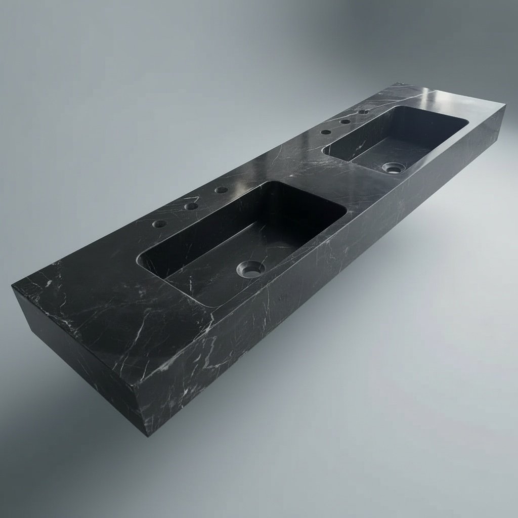 Toros Black Marble Wall-Mount Double Basin Bathroom Sink, Polished