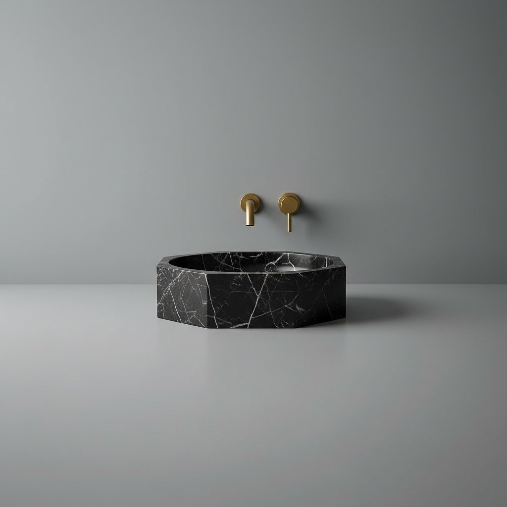 Faceted Geometric Black Marble Vessel Sink