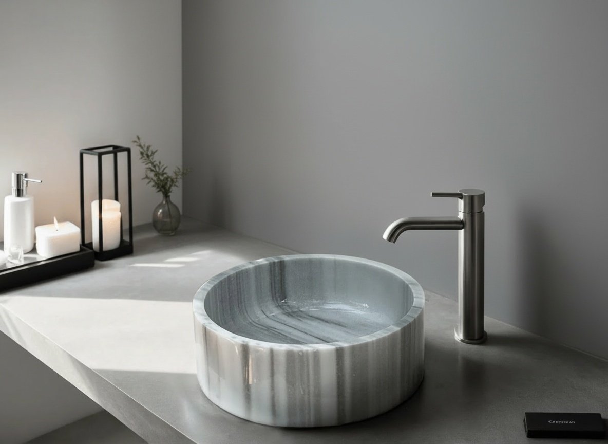 Handcrafted Gray Marble Bathroom Vessel Sink