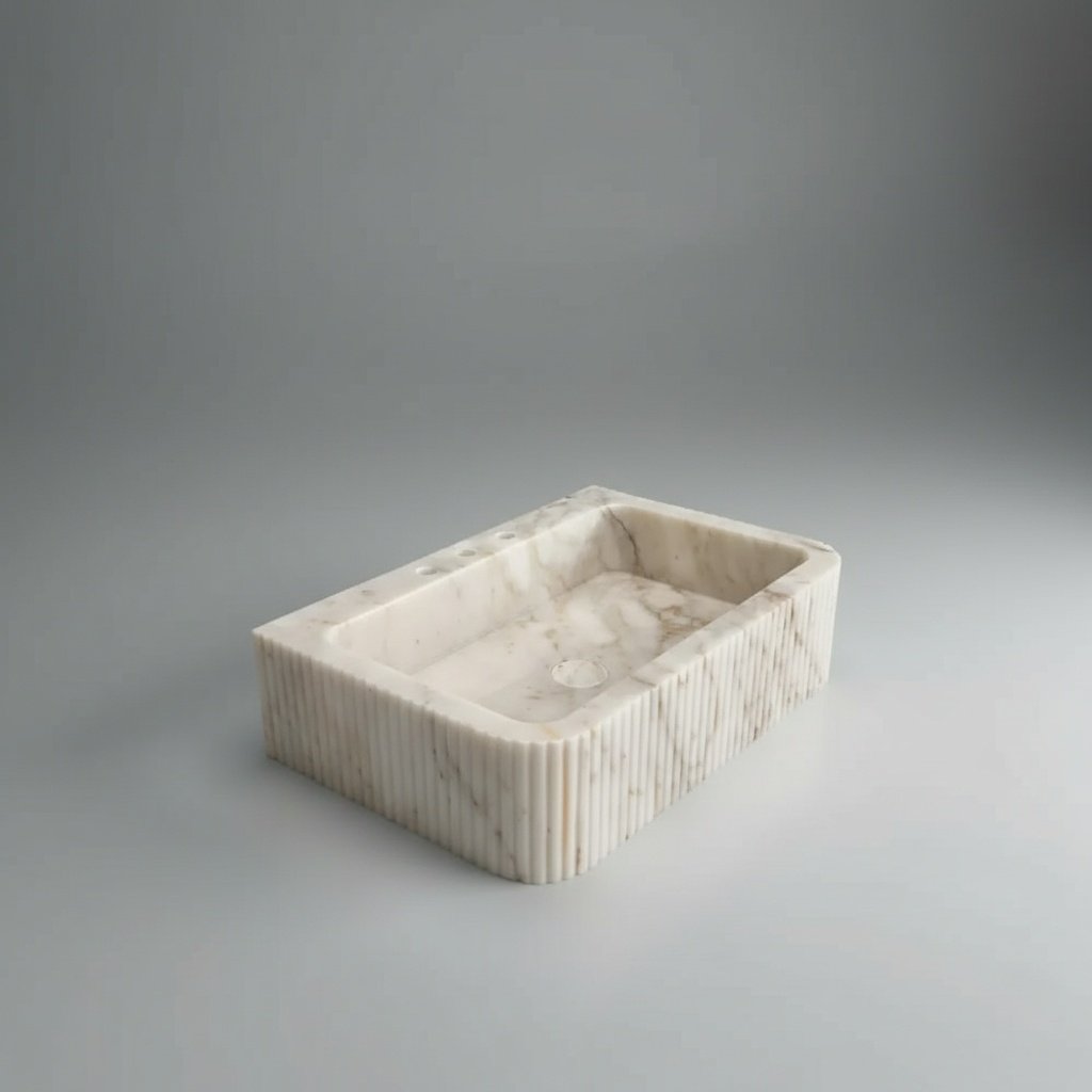 Calacatta Gold Marble Fluted Wall-Mount Bathroom Vanity Sink - Floating Integrated Basin