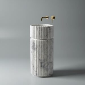 White Marble Freestanding Pedestal Bathroom Sink – Hand-Carved Solid Stone Basin