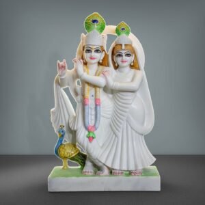 Standing Radha Krishna Marble Statue in Soft Pastels with Garlands & Peacock