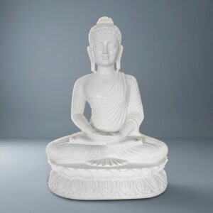 Compact White Marble Seated Buddha Idol on Double-Layered Lotus Base