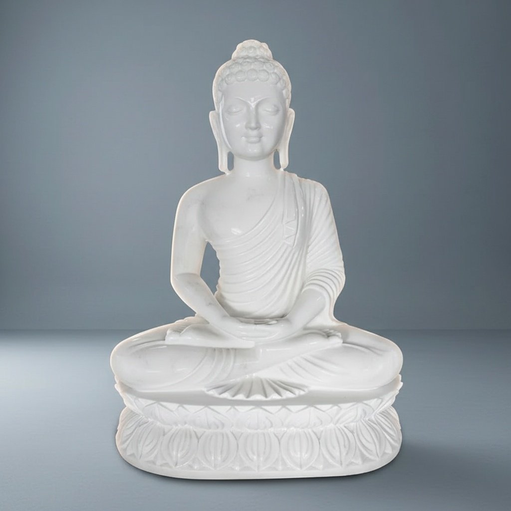 Compact White Marble Seated Buddha Idol on Double-Layered Lotus Base