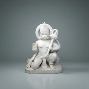 Hand-Carved White Marble Kneeling Hanuman Murti with Gada