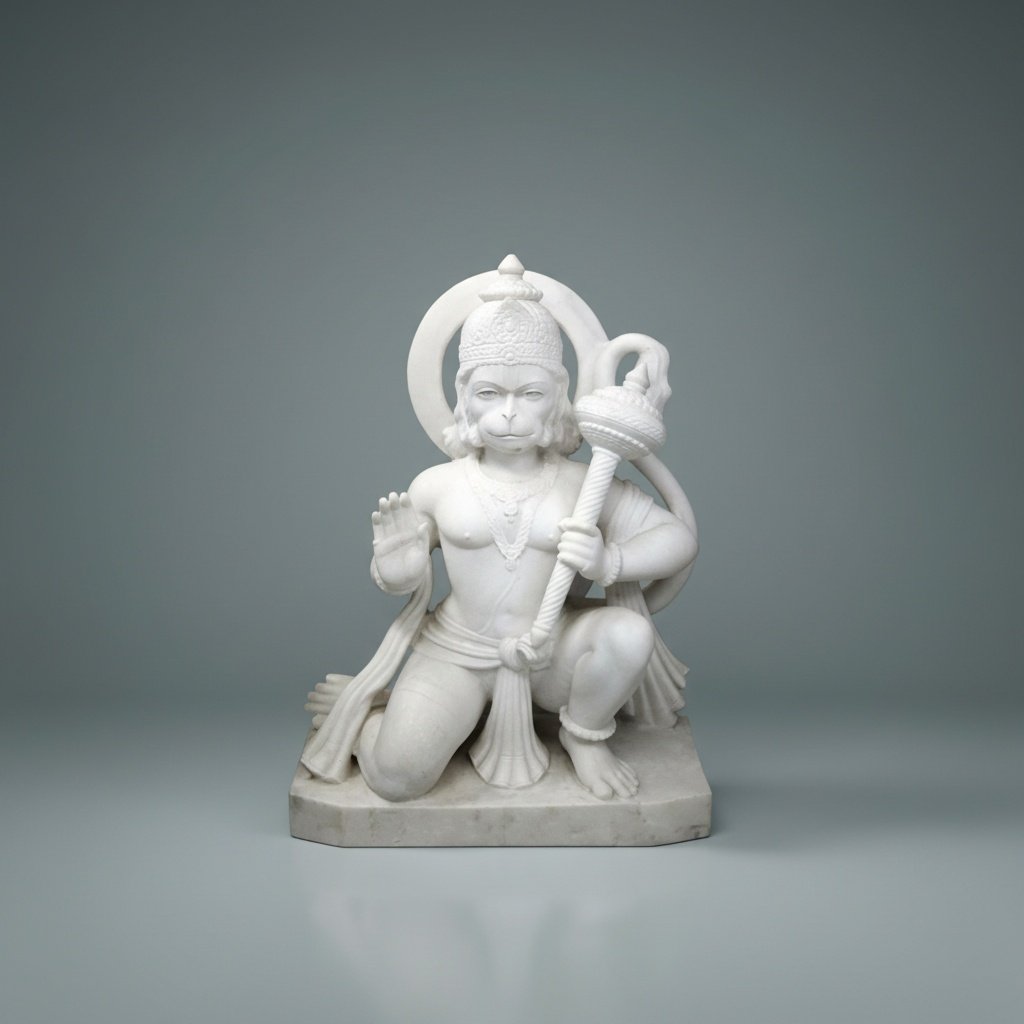 Hand-Carved White Marble Kneeling Hanuman Murti with Gada