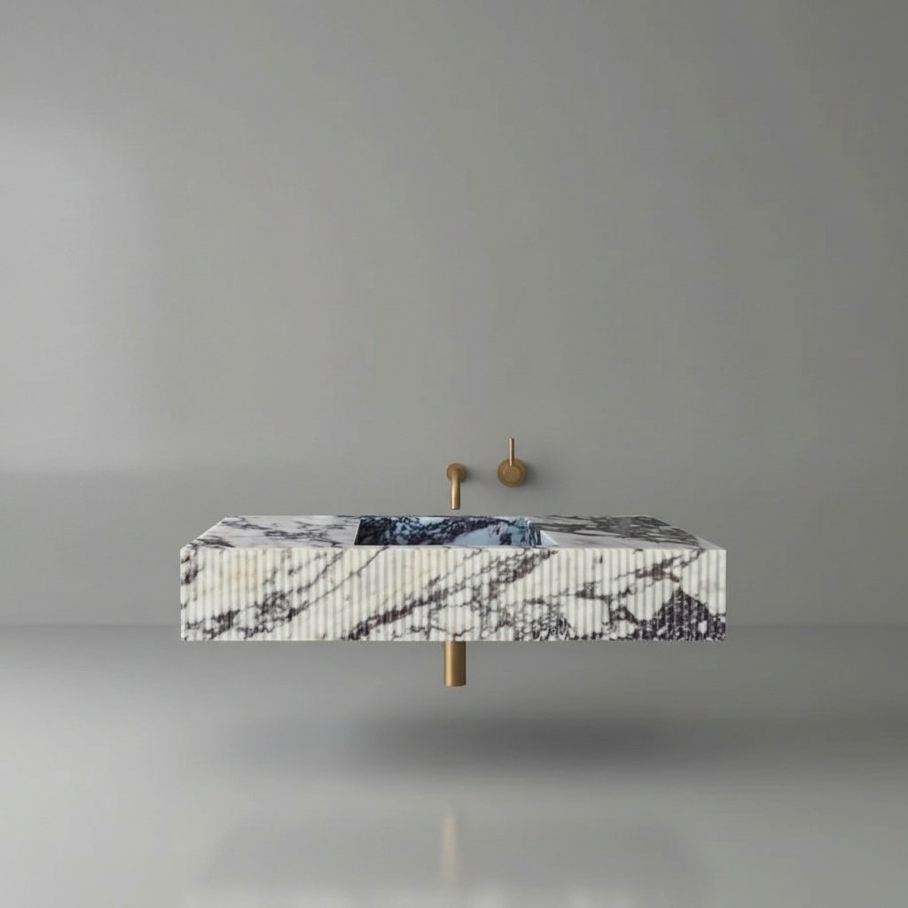 Calacatta Viola Marble Fluted Floating Wall-Mount Bathroom Vanity Sink