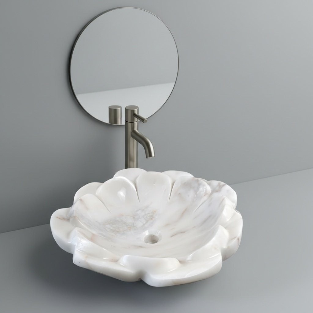 Lotus Blossom Hand-Carved Marble Vessel Sink