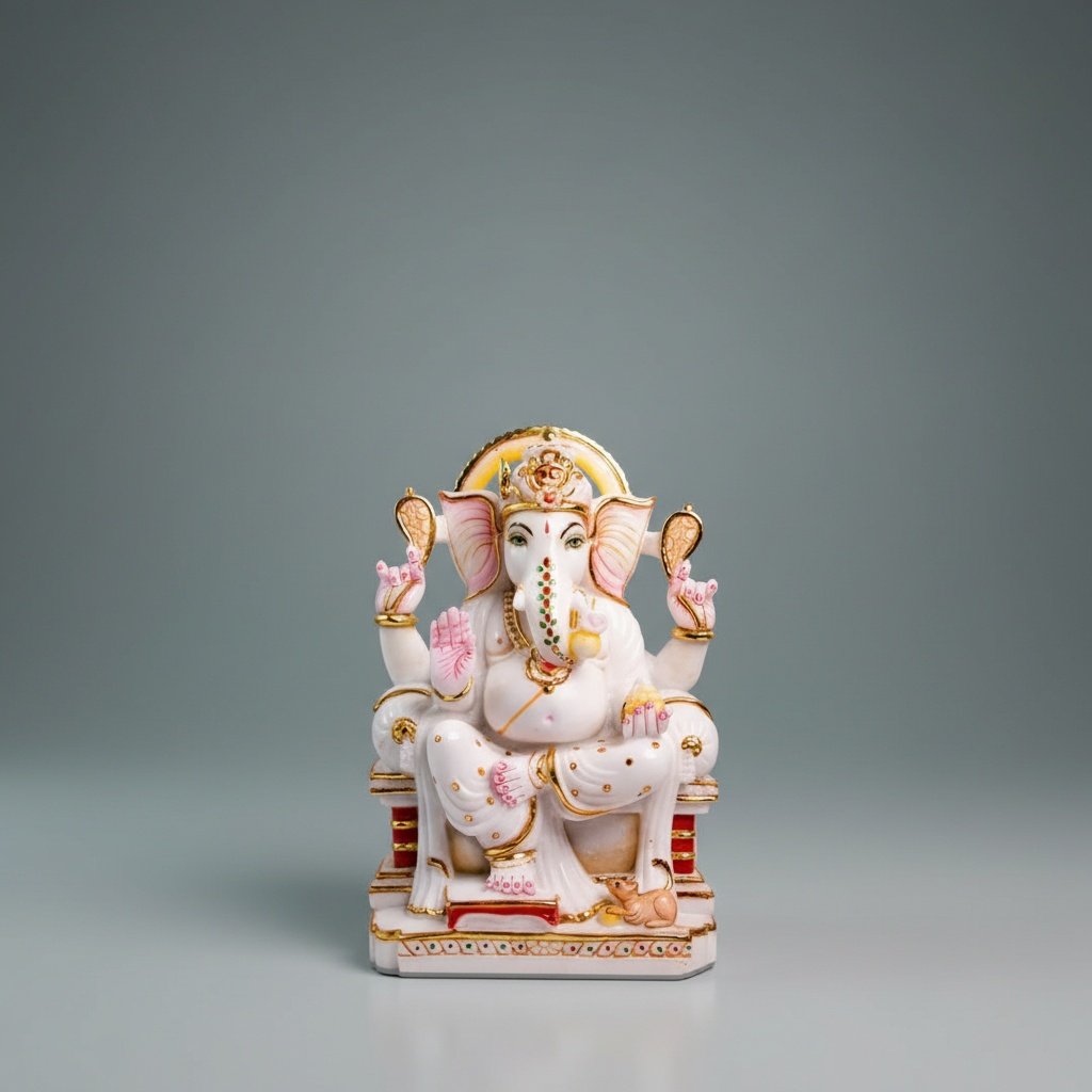 Hand-Painted Marble Lord Ganesha Idol on Ornate Singhasan Throne