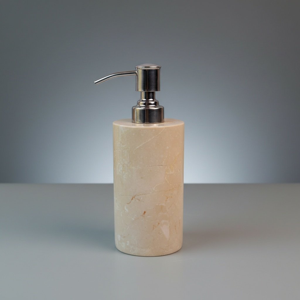 Tall Botticino Beige Marble Soap Dispenser with Slim Silver Pump