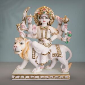 Handcrafted Marble Durga Maa Riding Lion Statue - Multi-Armed Murti for Home Temple & Puja