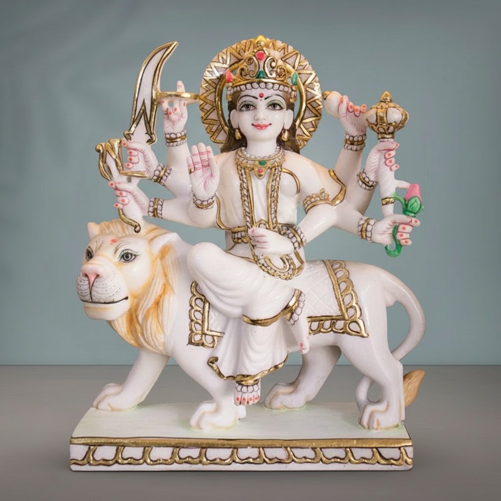 Handcrafted Marble Durga Maa Riding Lion Statue - Multi-Armed Murti for Home Temple & Puja