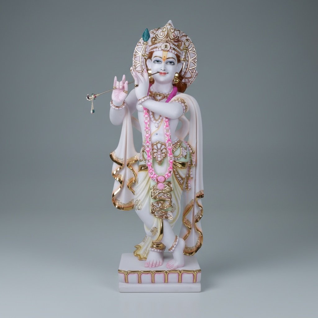 Handcrafted White Marble Lord Krishna Playing Flute Idol (Venugopal Murti Statue)