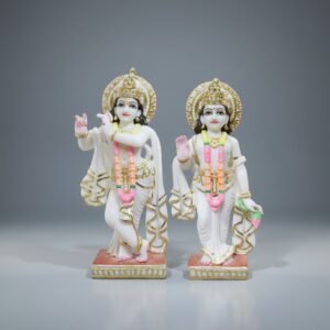 Hand-Painted Marble Radha Krishna Idol Pair with Ornate Halos